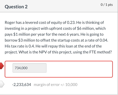 0/1 pts Question 2 Roger has a levered cost of equity of 0.23. He is thinking of investing in a project with upfront costs of