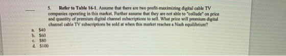 5. Refer to Table 16-1. Assume that there are two profit-maximizing digital cable TV companies operating in this market. Furt