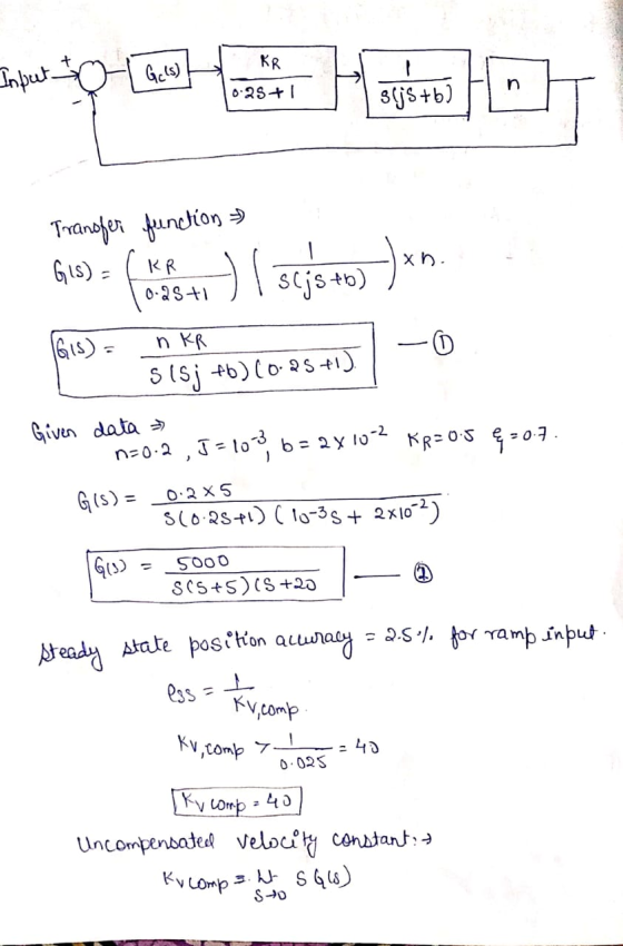 KR Input Ge(s) 0.25 + 1 s(js+b) o xn. KR 0.28t1 Transfer function Gls) - - I sejs +b) Gis) = n KR SlSj +6) (0.25 +1) Given da