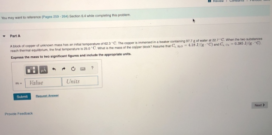 Review I Consta You may want to reference (Pages 259-264) Section 6.4 while completing this problem Part A A block of copper