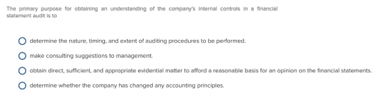 The primary purpose for obtaining an understanding of the companys internal controls in a financial statement audit is to O determine the nature, timing, and extent of auditing procedures to be performed. O make consulting suggestions to management. obtain direct, sufficient, and appropriate evidential matter to afford a reasonable basis for an opinion on the financial statements O determine whether the company has changed any accounting principles.