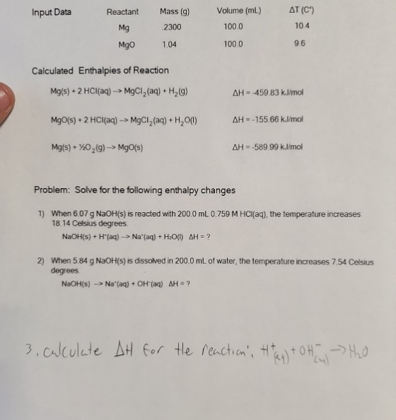 Input Data Reactant Mg MgO Mass (9) 2300 104 Volume (mL) 100.0 1000 AT (C) 10.4 9.6 Calculated Enthalpies of Reaction Mg(s) +