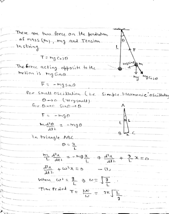 The qrt, two force on He bendulum af mass (h) , m and Tension The force tin oosik to tic eon dct 2. n triangle ASC 田 一. dt 2 L. バー 35 Cw