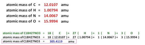 atomic mass of C = 12.0107 amu atomic mass of H = 1.00794 amu atomic mass of N = 14.0067 amu atomic mass of O = 15.9994 amu a