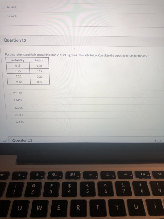 16.26% 17.67% Question 12 Possible returns and their probabilities for an asset is given in the table below. Calculate the ex