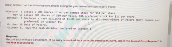 Italian Stallion has the following transactions during the year related to stockholders equity February 1 Issues 5,500 share