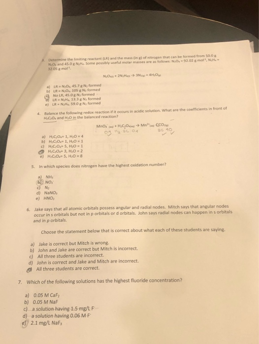3. Determine the limiting reactant (LR) and the mass in glof nitrogen that can be formed from 500 N.O, and 45.0 NH Some possi