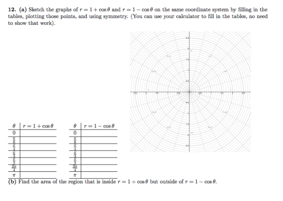 12. (a) Sketch the graphs of r= 1+ cos 6 and r=1 - cost on the same coordinate system by filling in the tables, plotting thos