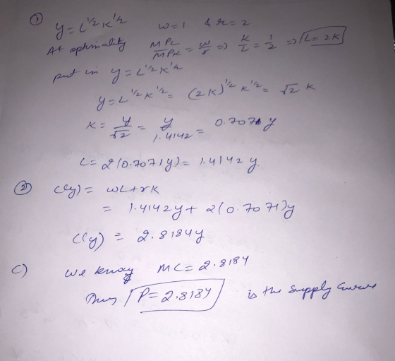 y = 12kk MPH w=1 4 r=2 At optionality MPL - w - h = ² = 1 L = 2K] put in y=[2ka y=[kk? (2 kJe ke tek C. 210.70714) = 1.41