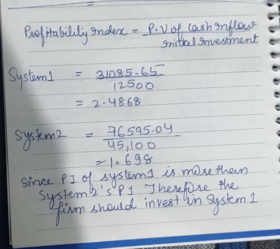 Profitability Index = p. V of cash inflowe Initkel Investment = 31085,65 12500 = 2.4868 us, loo system2 - 76595.04 -1.698 sin