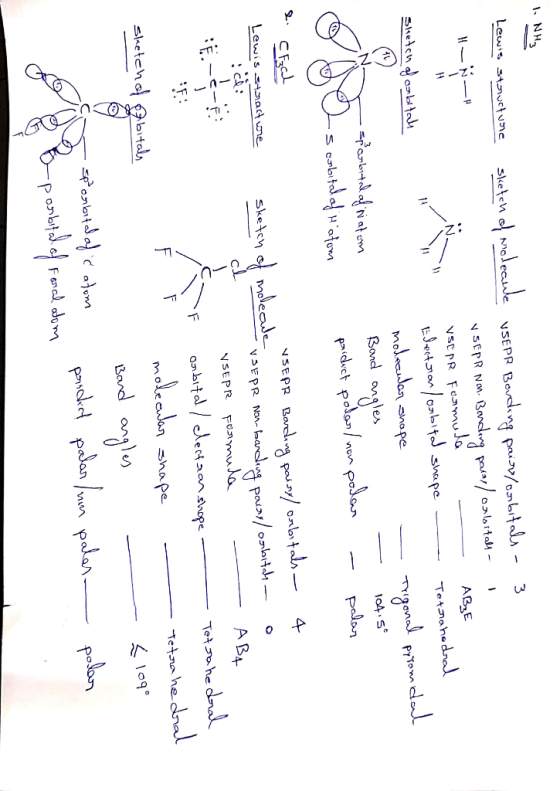 I. NH3 スーパード Tetrahedral trigonal pyramidal - Lewis structure sketch of Noleaule VSEPR Bording pair/orbitals - 3 v sepR No. B