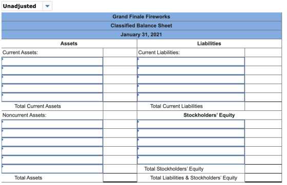 Unadjusted Grand Finale Fireworks Classified Balance Sheet January 31, 2021 Assets Liabilities Current Assets: Current Liabil