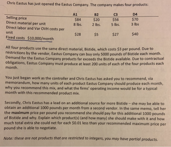 Chris Eastus has just opened the Eastus Company. The company makes four products: A1 $84 8 lbs. B2 $20 2 lbs. 03 $56 5 lbs. 0