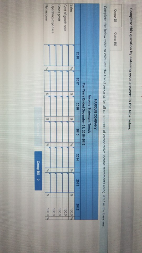 Complete this question by entering your answers in the tabs below. Comp IS Comp BS Complete the below table to calculate the
