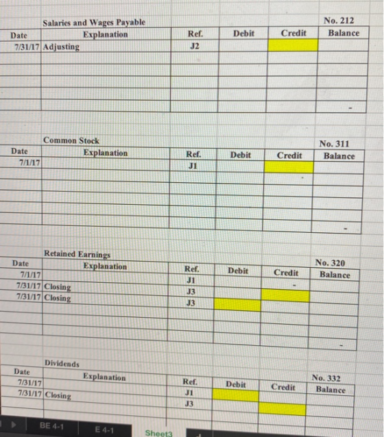 Salaries and Wages Payable Date Explanation 7/31/17 Adjusting No. 212 Balance Debit Credit Ref. J2 Common Stock Date Explanat