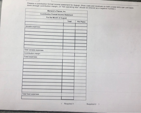 Prepare a contribution format income statement for August. Show costs and revenues on both a total and a per unit basis down