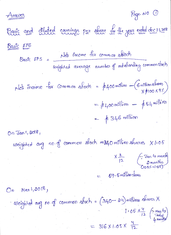 Answer Page. No D diwed couldings ww wv 1 encled dec 31, 2018 U wa Basic EPS Basic EPS EL Net income for common stock weighte