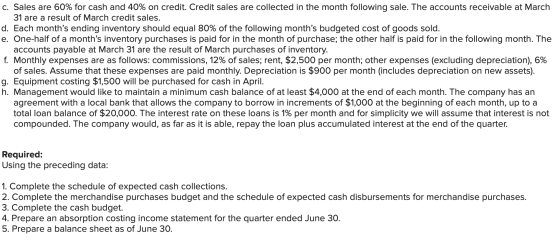 c. Sales are 60% for cash and 40% on credit. Credit sales are collected in the month following sale. The accounts receivable