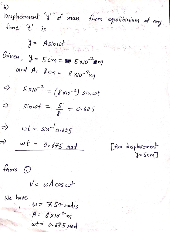b) Displacement y of mass time at is from equilibinium at any. y= Asinut -2 Given, y= 5cm = 5x10 am and A= 8 cm = 8x10-²m 5x