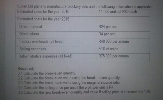Sultan Ltd plans to manufacture crockery sets and the following information is applicable: Estimated sales for the 14 000 uni