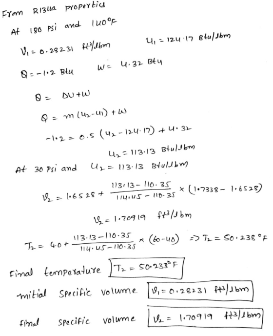 From R134a Propertiz At 180 psi and 140°F V = 0.28231 H / dbm 4,=124:17 Btullbm W = 4.32 Btu 8 = -1.2 Blu Q - DU+W Q = m (U2