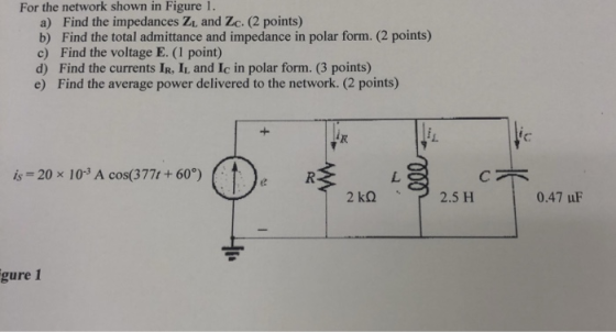 For the network shown in Figure 1. a) Find the impedances Zi. and Zc. (2 points) b) Find the total admittance and impedance i