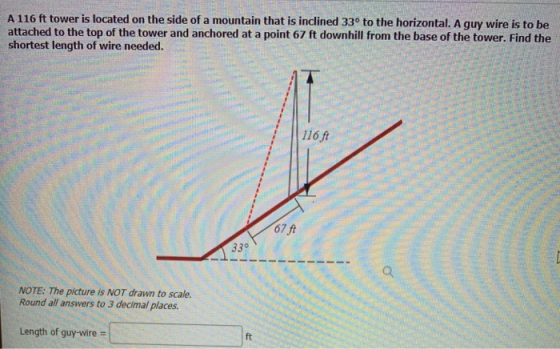A 116 ft tower is located on the side of a mountain that is inclined 33° to the horizontal. A guy wire is to be attached to t