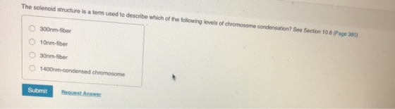 The solenoid structure is a term used to describe which of the following levels of chromosome condensation? Seo Section 10.6