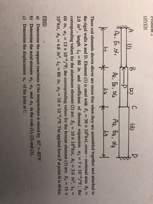 Problèm GIVEN b 2) Three rod elements shown above are stress free when they are assembled together and attached to the rigid walls A and D. Element (1) is steel with E1 30 x 103ksi, cross - sectional area Ai - 2.0 in, length L1-80 in and coefficient of thermal expansion α1=7x10-6/0F; the corresponding values for the aluminum element (2) are: E2 10 x 103ksi, A2-3.6 in, L,- 60 in, a2 13 x 10-6/oF; the corresponding values for the bronze element (3) are: Es 15 x 103ksi, A3 4.8 in2, L3 80 in, a 10 x 10-6/°F. The applied force P at point B is 40 ksi. EIND a) Determine the support reactions if the temperature is raised by AT 85°F. b) Determine the axial stresses ơ, ơ2 and ơ3 in the rods (1), (2) and (3). c) Determine the displacement uc of the joint at C