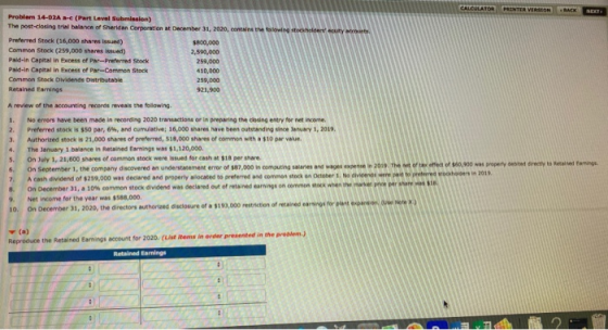CALCULATOR PRINTER VERSION Problem 14-02A - (Part Level Submission) The post-closing trial balance of Sheridan Corporation at