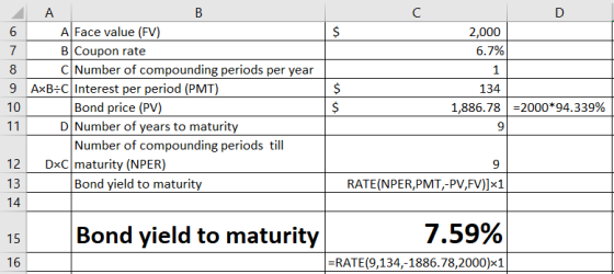A B A Face value (FV) BCoupon rate C Number of compounding periods per year $ 6 2,000 7 6.7% 1 9AXB C Interest per period (PM
