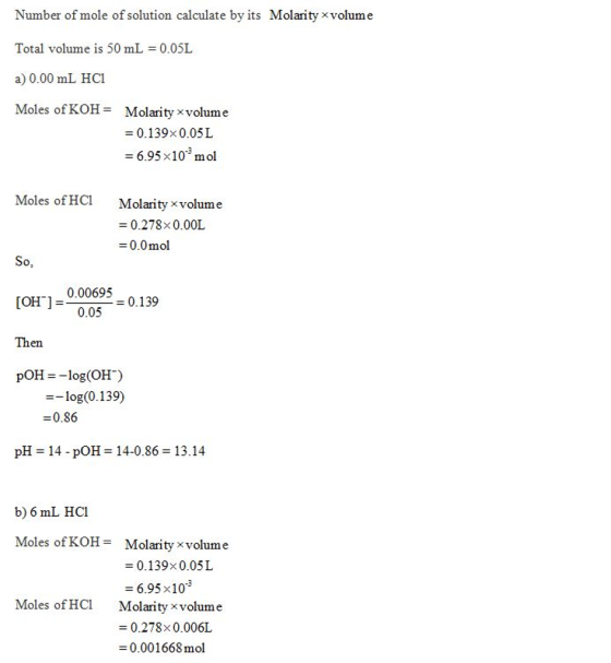 Number of mole of solution calculate by its Molarity x volume Total volume is 50 mL 0.05L a) 0.00 mL HC1 Moles of KOH = Molar