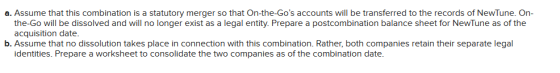 a. Assume that this combination is a statutory merger so that On-the-Gos accounts will be transferred to the records of NewT