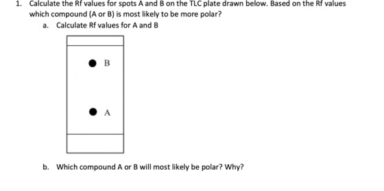 1. Calculate the Rf values for spots A and B on the TLC plate drawn below. Based on the Rf values which compound (A or B) is