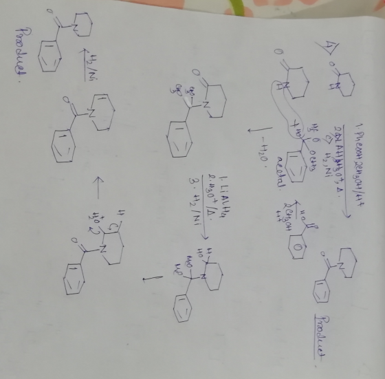 1. Pheooh, 2H 2 OH/14 204 AH AH, ot, > H₂, Ni OCH Product He o Y ahol 2 CH₂OH A acetal. -H20 N 1. Li ALHA 2. H3O+ /A 3. H₂ IN
