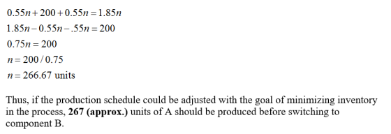 0.55n + 200 + 0.55n = 1.85n 1.85n _ 0.55n-.55n 200 0.75n 200 n 200/0.75 n 266.67 units Thus, if the production schedule could be adjusted with the goal of minimizing inventory in the process, 267 (approx.) units of A should be produced before switching to component B