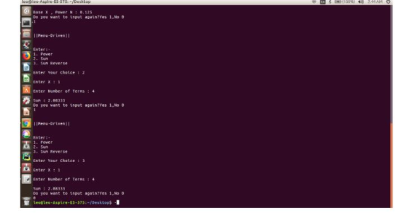 Base X , Power N : e-125 Do you want to input agein?Yes 1,No Menu-Driven 11 Enteri 2. Sun 3. Sun Reverse Enter Your Choice :