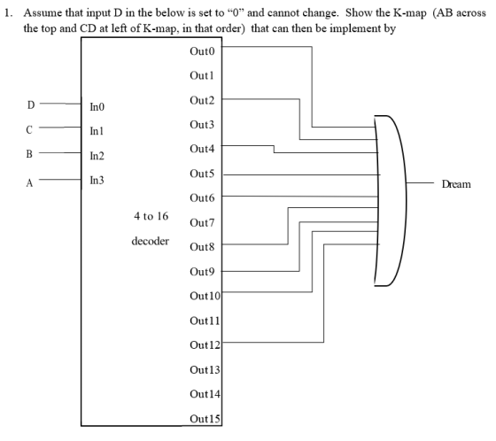 1. Assume that input D in the below is set to “0” and cannot change. Show the K-map (AB across the top and CD at left of K-ma