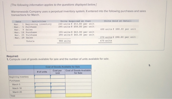 [The following information applies to the questions displayed below.) Warnerwoods Company uses a perpetual inventory system.