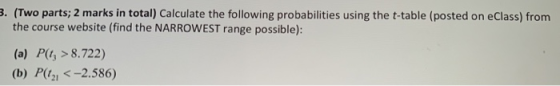 . (Two parts; 2 marks in total) Calculate the following probabilities using the t-table (posted on eClass) from the course website (find the NARROWEST range possible): (a) P > 8.722) (b) P(21 <-2.586)