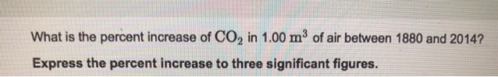 What is the percent increase of CO2 in 1.00 m3 of air between 1880 and 2014? Express the percent increase to three significant figures.