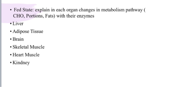 • Fed State: explain in each organ changes in metabolism pathway ( CHO, Portions, Fats) with their enzymes • Liver • Adipose