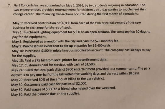 7. Hart Concerts Inc. was organized on May 1, 2016, by two students majoring in education. The two entrepreneurs provided entertainment for childrens birthday parties to supplement their college career. The following transactions occurred during the first month of operations: May 1: Received contribution of $6,000 from each of the two principal owners of the new business in exchange for shares of stock. May 1: Purchased lighting equipment for $300 on an open account. The company has 30 days to pay for the equipment. May 5: Registered as a vendor with the city and paid the $25 monthly fee. May 9: Purchased an event tent to set up at parties for $2,400 cash. May 10: Purchased $100 in miscellaneous supplies on account. The company has 30 days to pay for the supplies. May 15: Paid a $75 bill from local printer for advertisement signs. May 17: Customers paid for services with cash of $1,500. May 24: Billed the local park district $800 entertainment provided to a summer camp. The park district is to pay one-half of the bill within five working days and the rest within 30 days. May 29: Received 50% of the amount billed to the park district. May 30: Customers paid cash for parties of $2,000. May 30: Paid wages of $300 to a friend who helped over the weekend. May 30: Paid the balance due on the supplies.