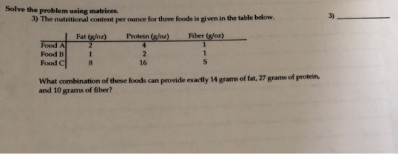 Solve the problem using matrices. 3) The nutritional content per ounce for three foods is given in the table below. Fat (g/oz