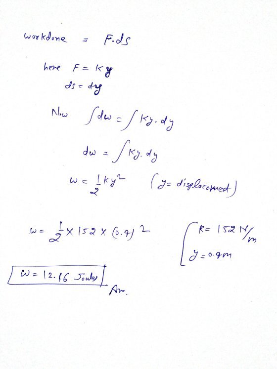 ds = dag R 15cm workdone Fods here F = ky Now dw Ky.dy Iky2 (y= displacement) Sky. le of x 152 x 6.712 y=oogin W = 12.66 Joul