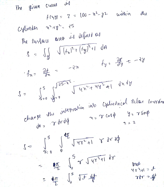 within the The giun cunue das fayl = 2 = 100 - n²_y2 Cylinder n²ty²= 25 The surface area is defined as Sa Sf the 8+ (ny) 1 DA