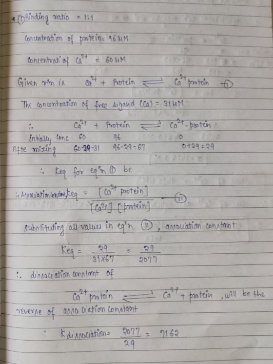 * To Binding ratio = 1:1 Concentration of protein: 96 UM concentrati of Ca2+ = 60 MM co- € Ginen gren is cant + Protein = cat