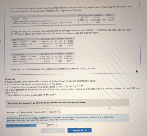Delph Company uses a job-order costing system and has two manufacturing departments --Molding and Fabrication. The company pr
