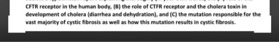 CFTR receptor in the human body, (B) the role of CTFR receptor and the cholera toxin in development of cholera (diarrhea and