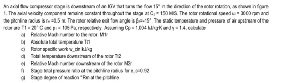 An axial flow compressor stage is downstream of an IGV that turns the flow 15° in the direction of the rotor rotation, as sho